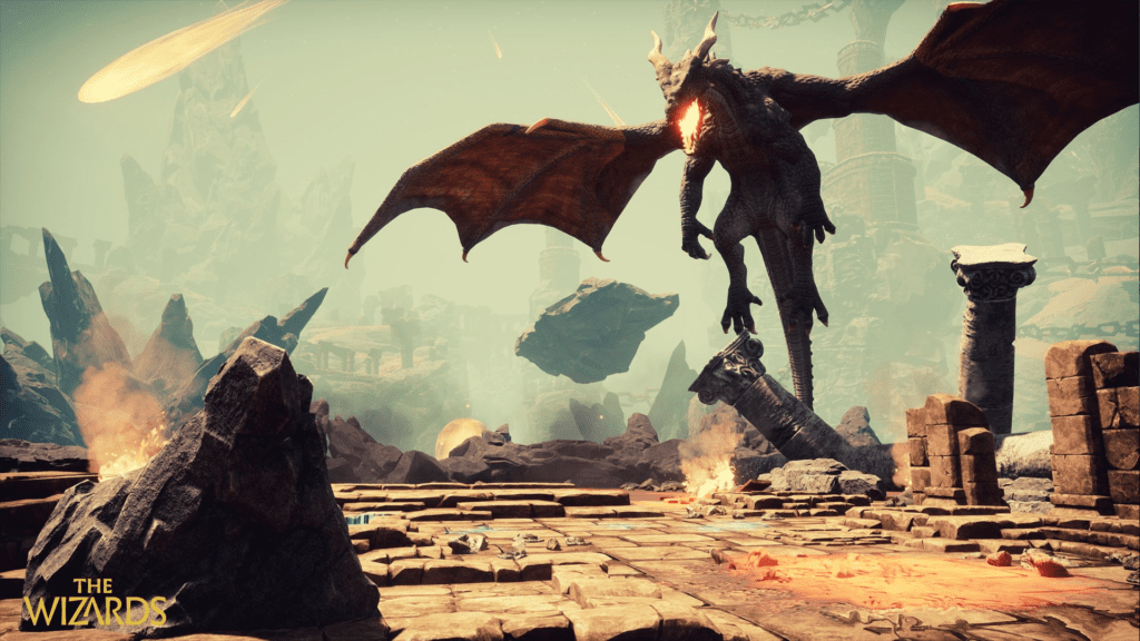 The Wizards' gameplay features intimidating enemies like giant dragons.