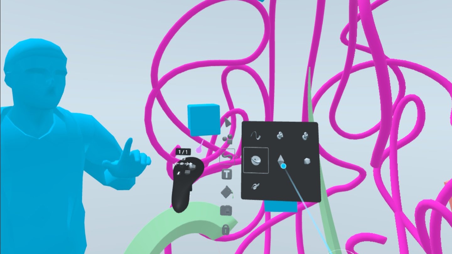 Screenshot of the ShapesXR app with a first person view of a tool menu with different drawing tip options. The menu is coming out of an Oculus Controller model. In the background are large pink scribbles with smaller blue cubes hovering in the air. On the left is a blue model of a human male with their finger extended as if they are about to tap a screen.
