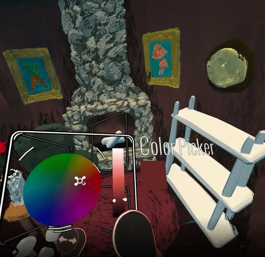 A Tilt Brush creation of a digitally painted room in front of a grey stone fireplace. There are two pictures (one of some carrots, the other of some mushrooms) on the wall on either side of the fireplace. On the right is a clock, under the clock is a white, low-poly shelf. In the foreground is a tilt brush UI panel with a gradient color wheel that the player (in first person view) is selecting from with their right hand.

