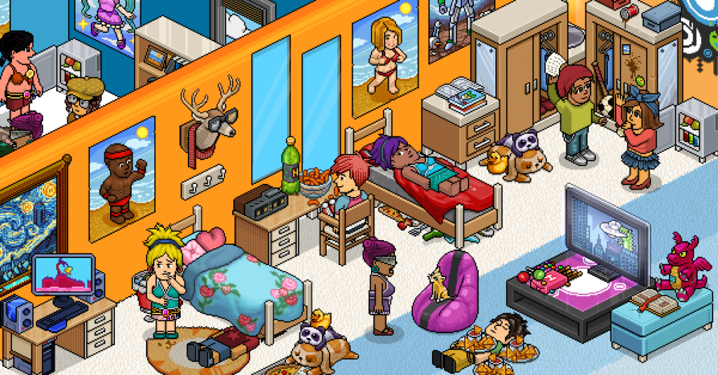 Habbo Hotel pixelated art screenshot with nearly a dozen diverse characters doing things like eating, laying down, standing, playing, and napping in some colorful rooms. The rooms are decorated with everything from TVs, computers, trash, radios, posters, paintings, dressers, desks, beds, and more.
