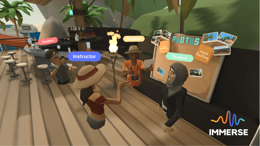  a screenshot of 3 students and an instructor from the virtual reality language learning experience, Immerse 