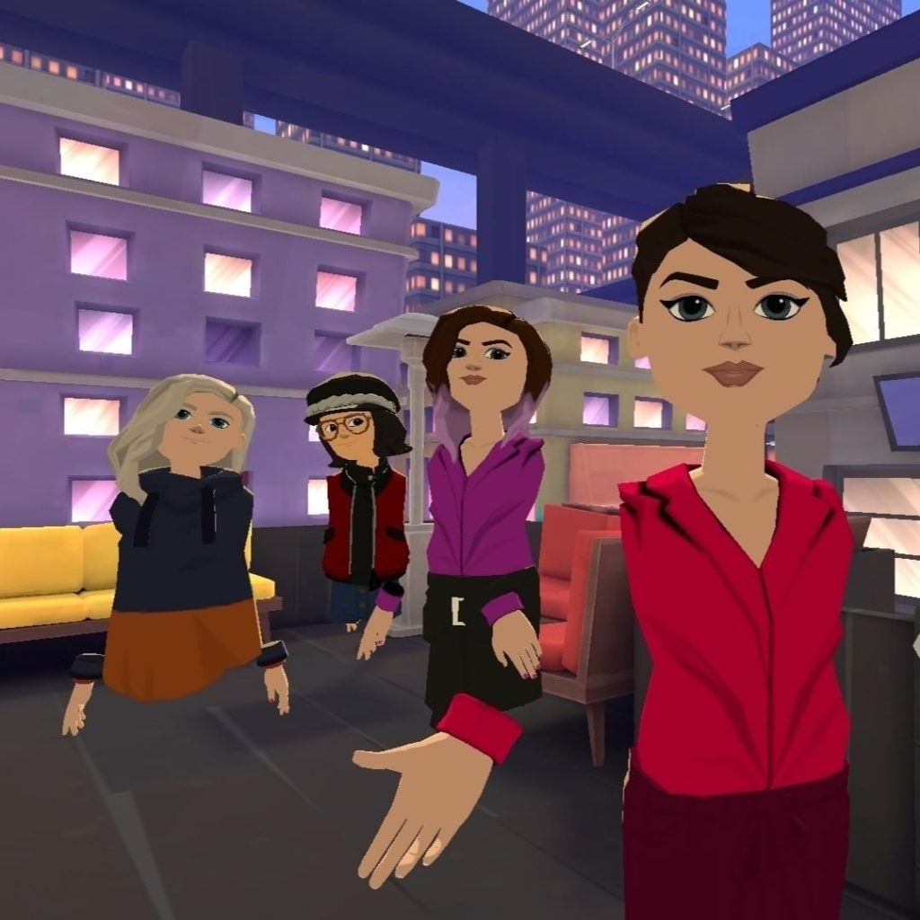 a screenshot of 4 female avatars in AltSpaceVR 