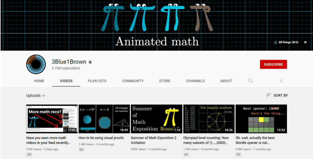 a screenshot of the Youtube channel, 3Blue1Brown, a page that helps teach Math through videos 