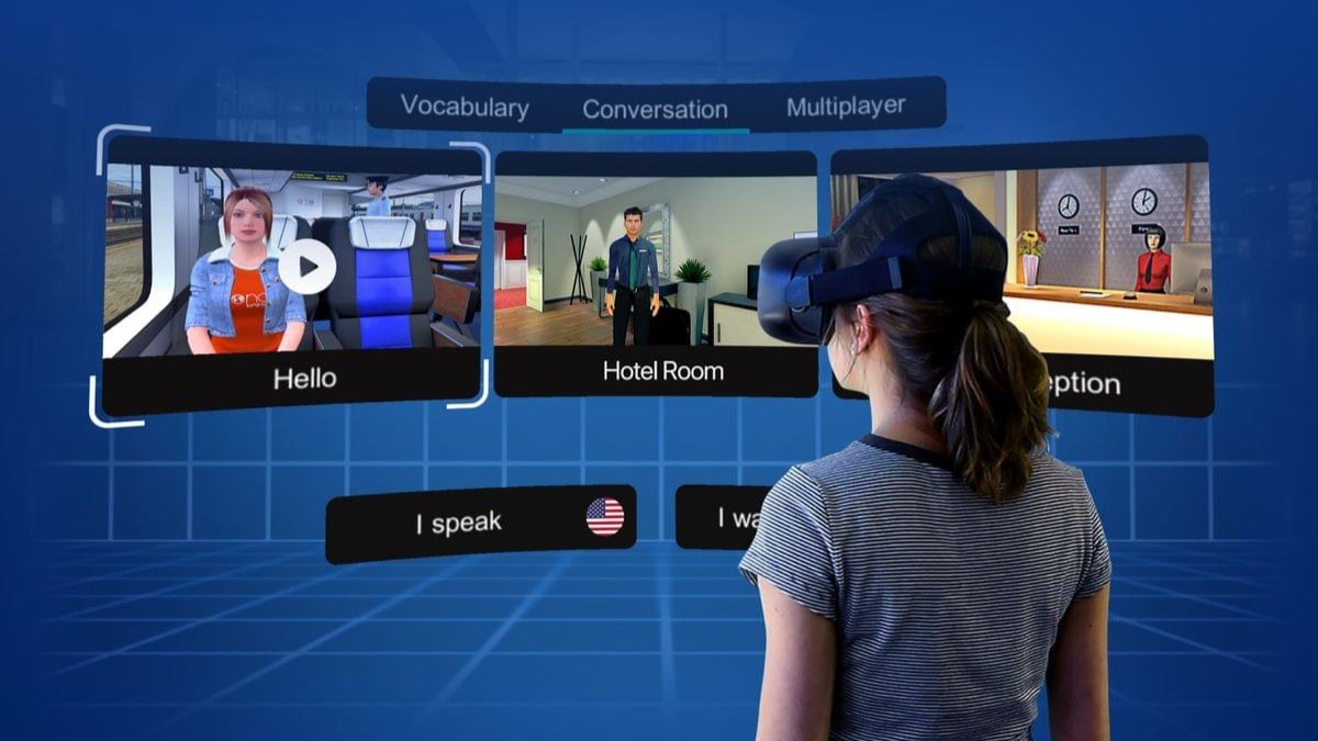 Girl using Mondly VR to learn a new language